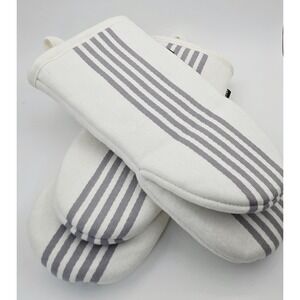 Crate & Barrel Cuisine Stripe Oven Mitts Set of 2 White Grey 323-123